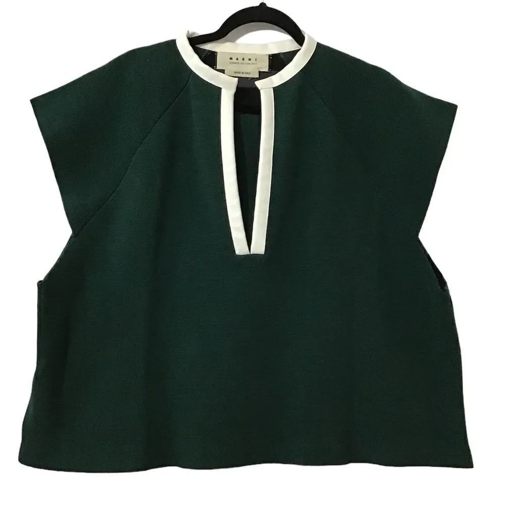 Marni Green V-Neck Faux Leather Trim Sleeveless Top Size 42